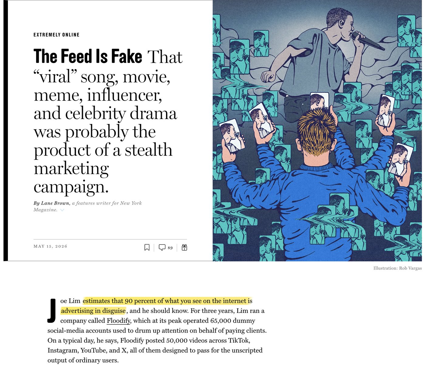 Vulture article “The Feed Is Fake”, with the line “Joe Lim estimates that 90 percent of what you see on the internet is advertising in disguise” highlighted